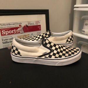 Vans Black and Cream Checkered Slip Ons